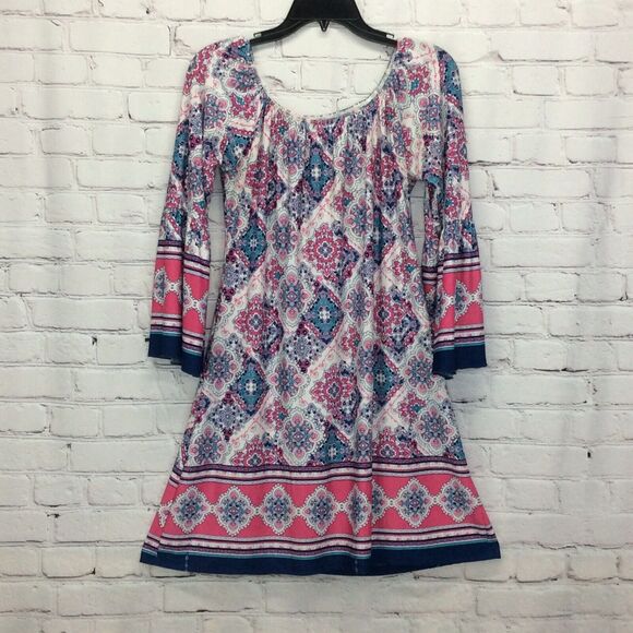 Mermaid Cove Shift Dress Women's Sm Peasant Style Bell Sleeves Geometric Beachy - Picture 6 of 10